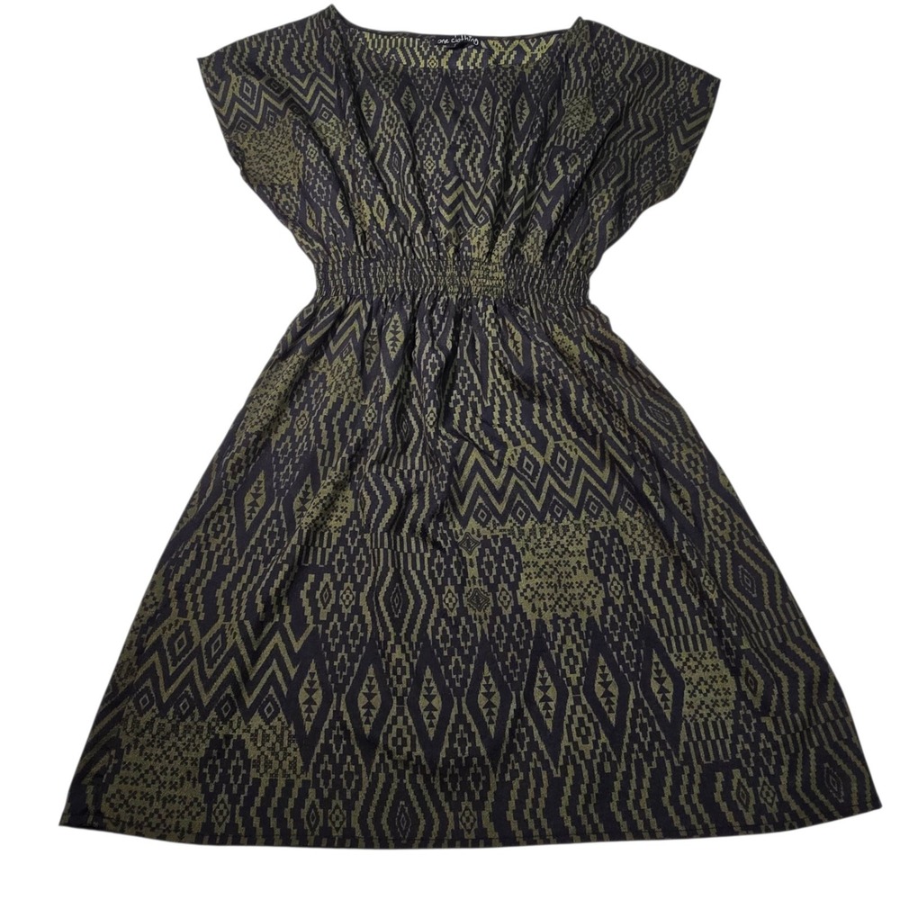 One Clothing Women's Small Olive Green Black Tribal Mini Dress Smocked Boho‎